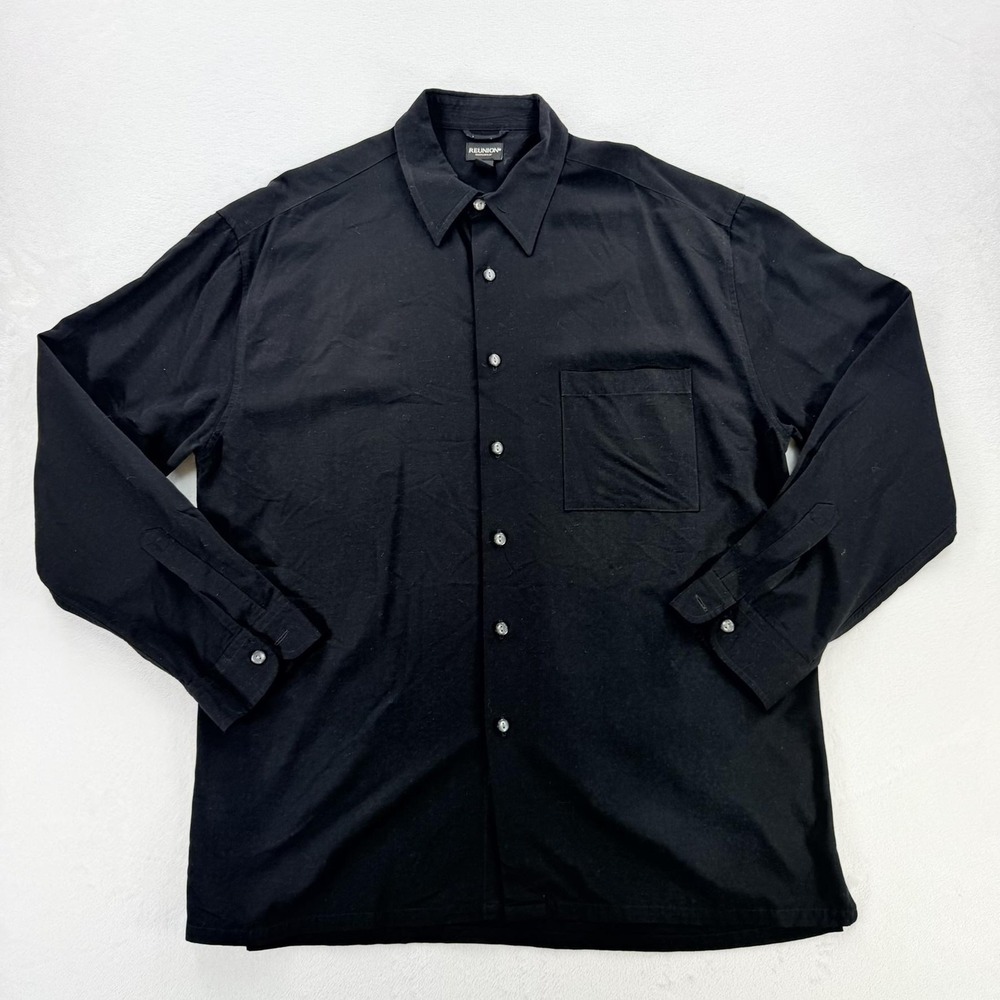 Vintage Reunion Shirt Mens Large Black Rayon Linen Blend Button Up Long Sleeve